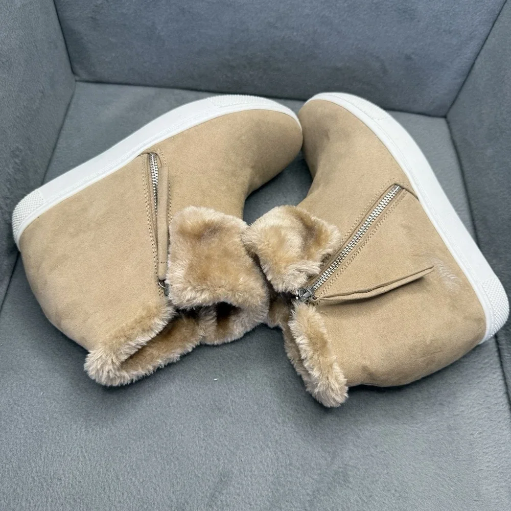 Brash Women's 9.5 Tan Faux Suede Fur Cuff Hidden Wedge Sneaker Booties